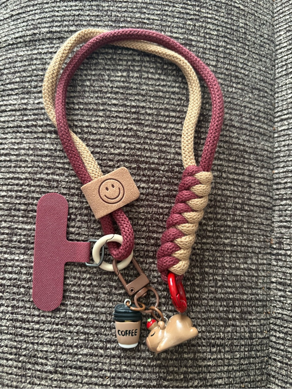 Braided Pink and Tan Keychain Phone Lanyard with Coffee & Cat Charms